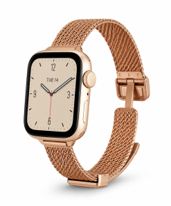 Rose gold smartwatch with magnetic mesh band and minimalist cream dial face
