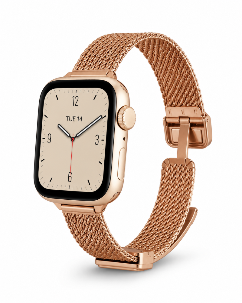 Rose gold smartwatch with magnetic mesh band and minimalist cream dial face
