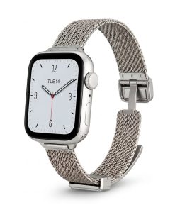 Silver stainless steel smartwatch with mesh magnetic band and white dial