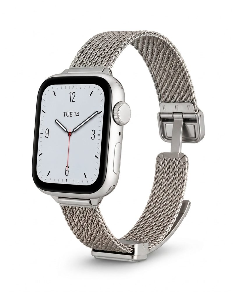 Silver stainless steel smartwatch with mesh magnetic band and white dial