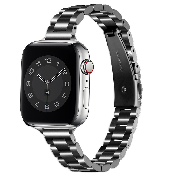Black stainless steel smartwatch band with metal link bracelet strap