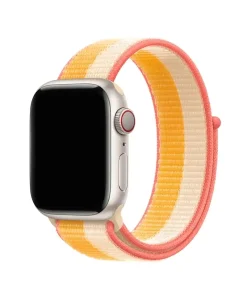 Apple Watch with colorful maize white sport loop band featuring pink accents