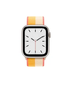 Silver smartwatch with white dial and colorful maize striped sport loop band