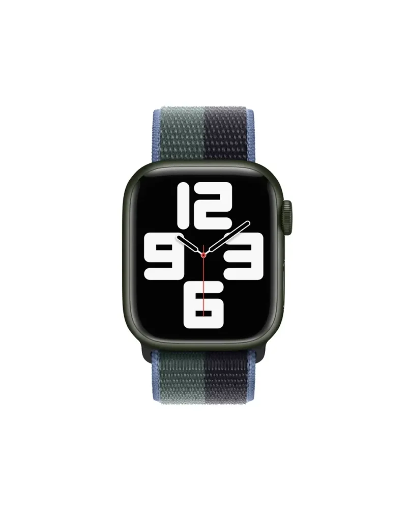 Green smartwatch with midnight eucalyptus sport loop band displaying time