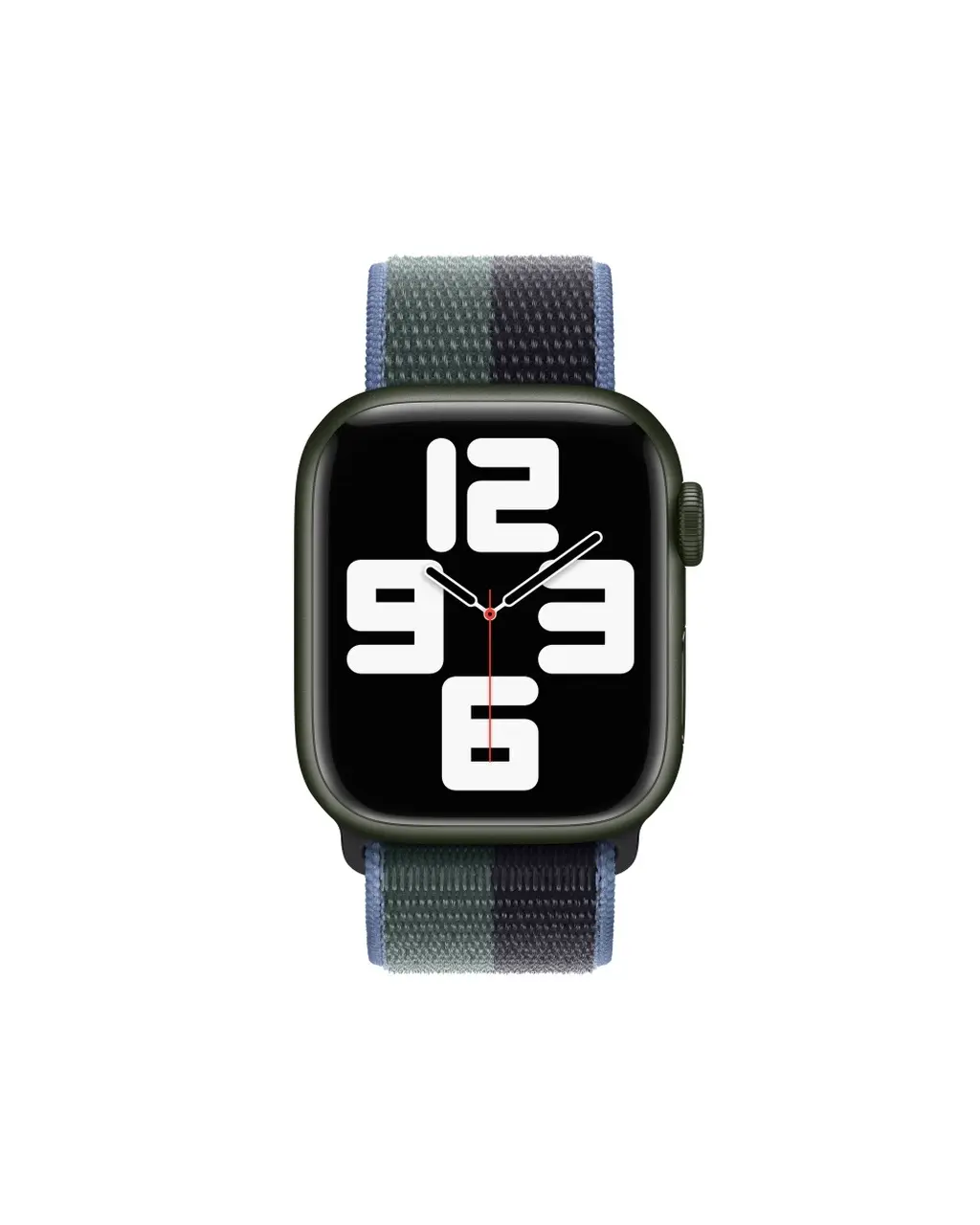 Green smartwatch with midnight eucalyptus sport loop band displaying time