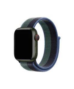 Green smartwatch with blue woven sport loop band and red digital crown