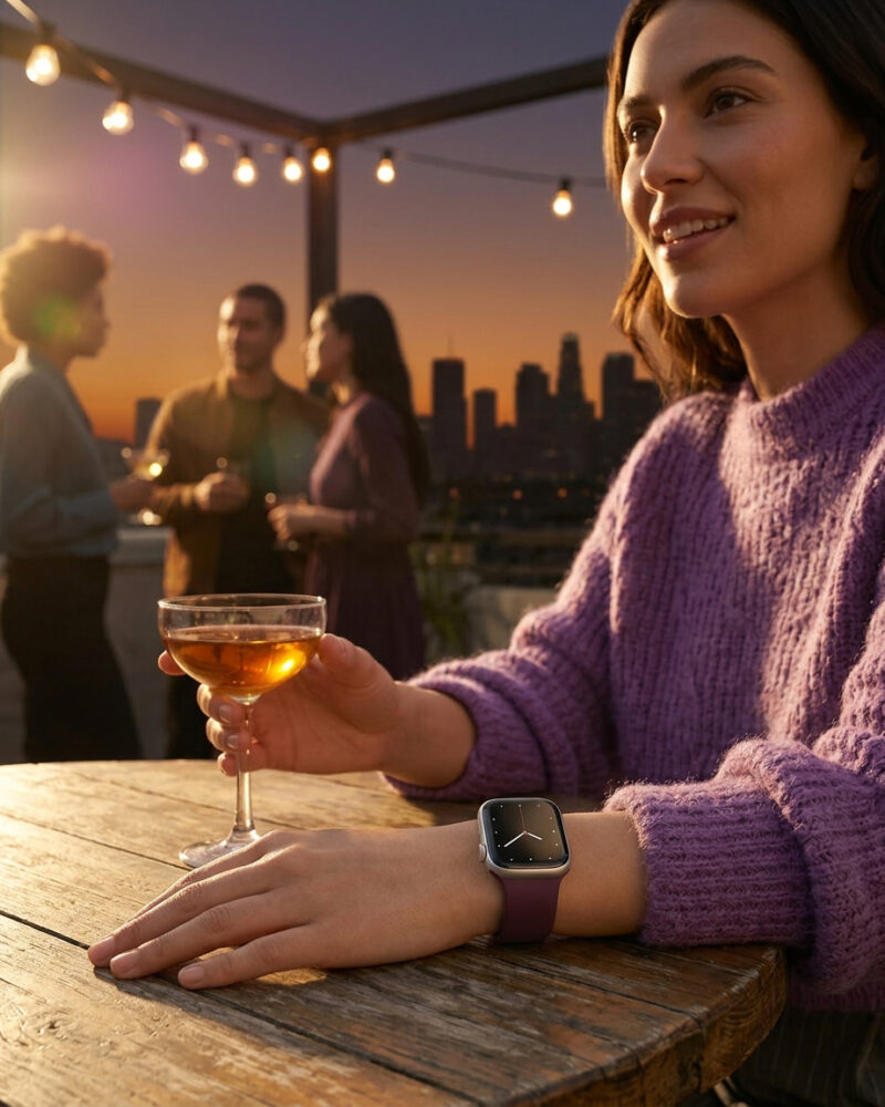 Woman wearing mulberry sport band smartwatch at rooftop sunset party