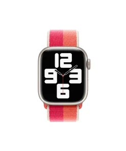 Apple Watch with nectarine peony sport loop band, digital display showing time