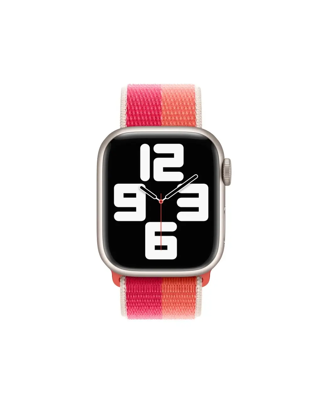 Apple Watch with nectarine peony sport loop band, digital display showing time