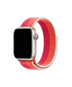 Apple Watch with pink orange nectarine sport loop band and red digital crown