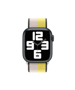 Black smartwatch with oat, cream and yellow striped sport loop band