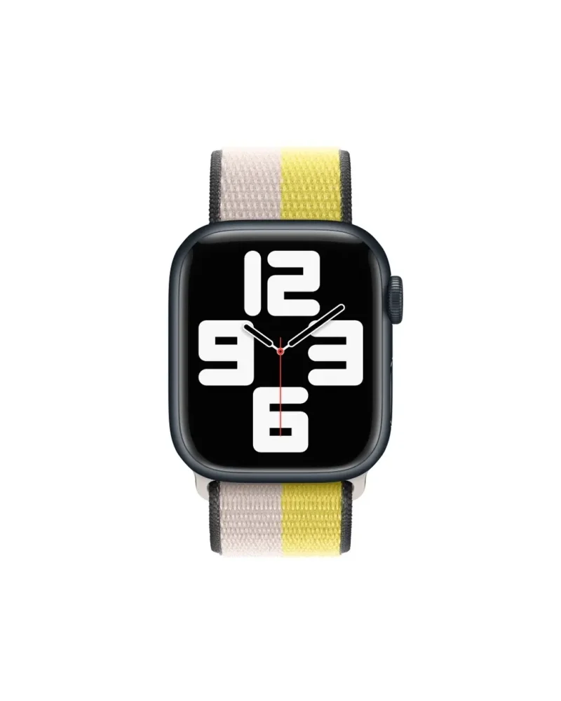 Black smartwatch with oat, cream and yellow striped sport loop band