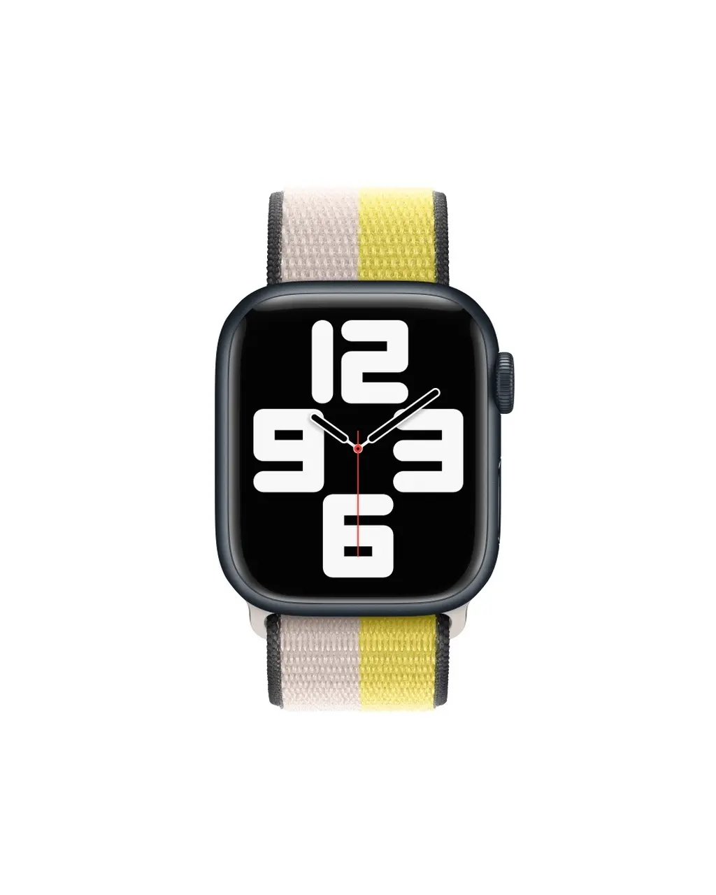Black smartwatch with oat, cream and yellow striped sport loop band
