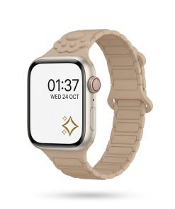 Beige smartwatch with paw print magnetic band and digital display showing time