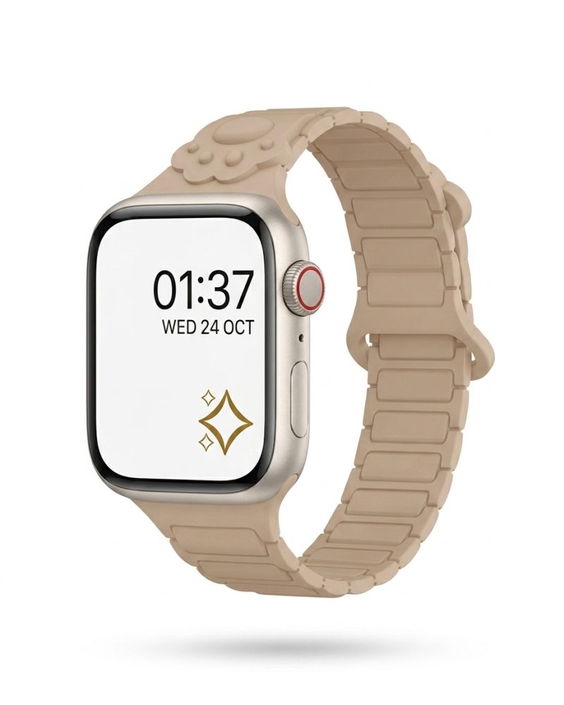 Beige smartwatch with paw print magnetic band and digital display showing time