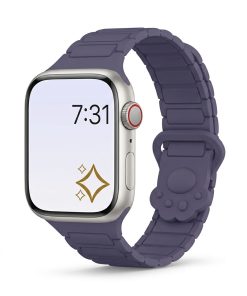 Apple Watch with purple silicone band and misty color display showing time