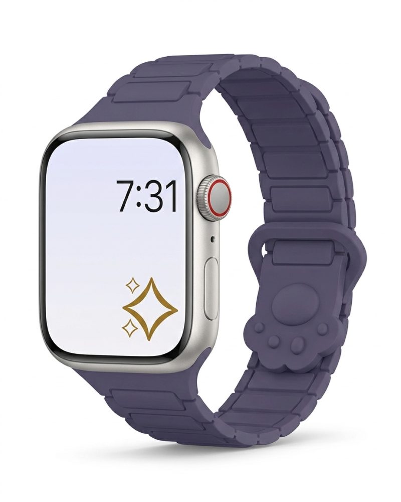 Apple Watch with purple silicone band and misty color display showing time