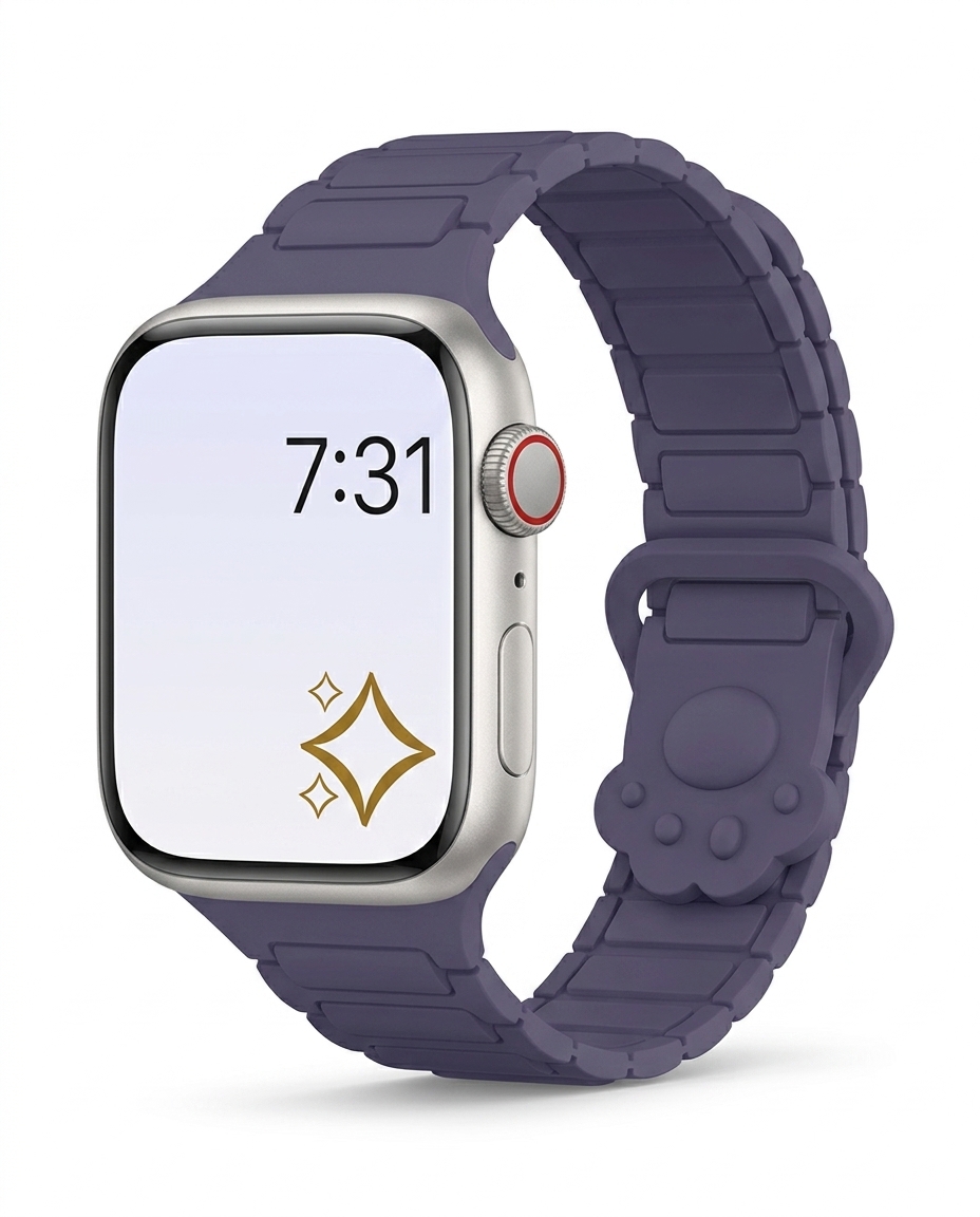 Apple Watch with purple silicone band and misty color display showing time