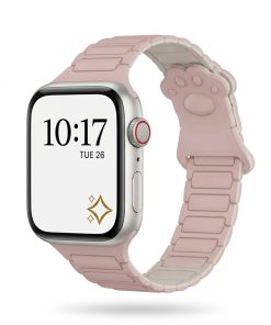 Apple Watch with pink paw print band and starlight case showing time