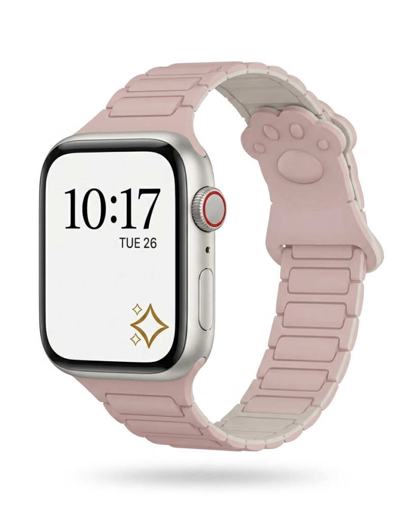 Apple Watch with pink paw print band and starlight case showing time