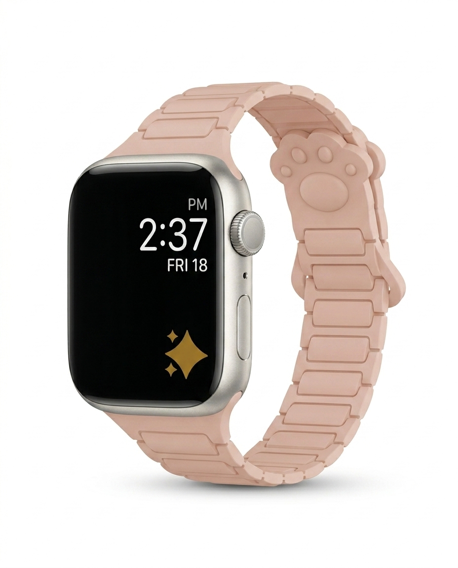 Apple Watch with pink paw print magnetic band and silver case