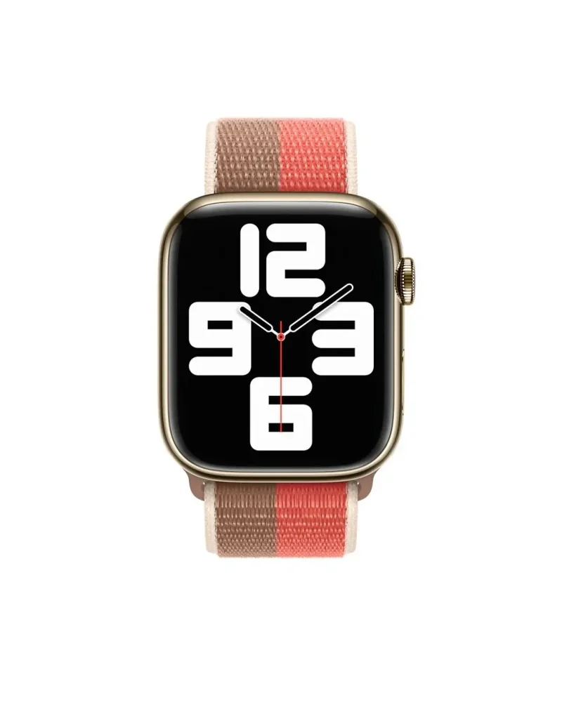 Gold smartwatch with pink and tan striped sport loop band displaying time