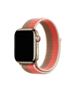 Gold smartwatch with pink and tan striped sport loop band