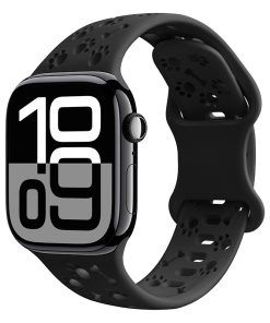Black sport smartwatch with perforated silicone band and digital display