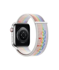 Apple Watch Series 7 silver case with rainbow Pride Edition sport loop band