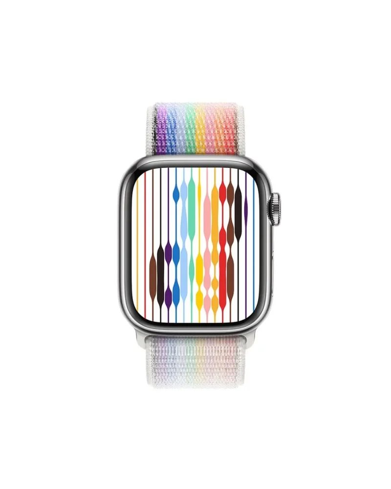 Apple Watch with colorful Pride Edition Sport Loop band and rainbow pattern display