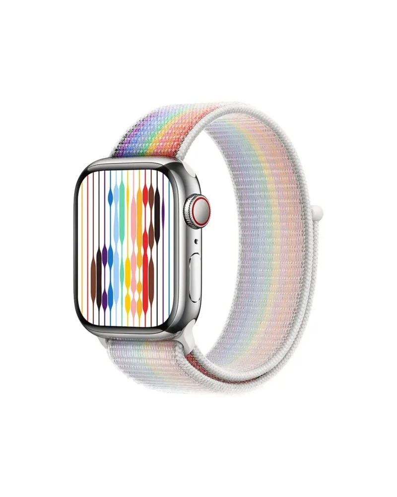 Rainbow Pride Edition Apple Watch with colorful woven sport loop band