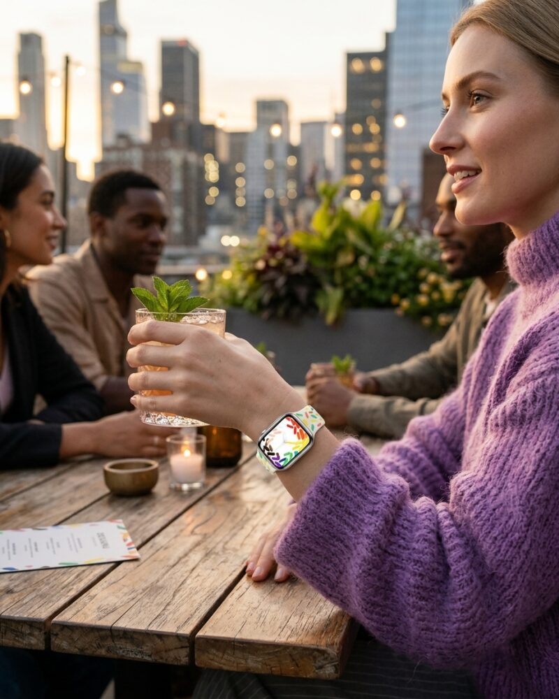 Woman wearing colorful Pride sport band smartwatch at rooftop gathering