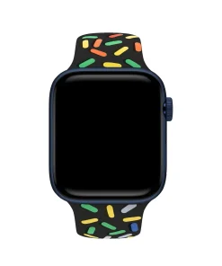 Blue smartwatch with colorful pride black sport band pattern