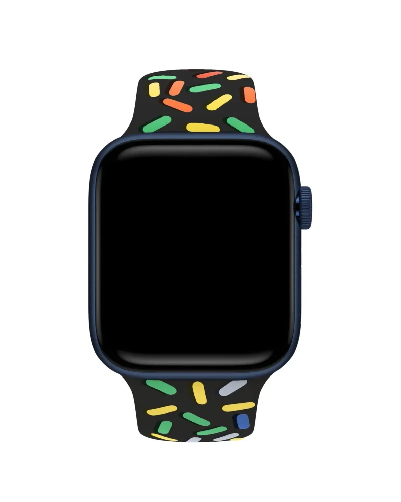 Blue smartwatch with colorful pride black sport band pattern
