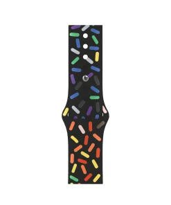 Colorful pride sport watch band with vibrant pill-shaped pattern on black