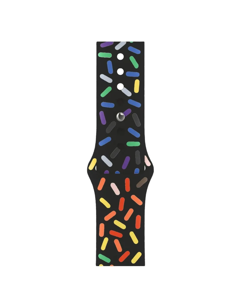 Colorful pride sport watch band with vibrant pill-shaped pattern on black