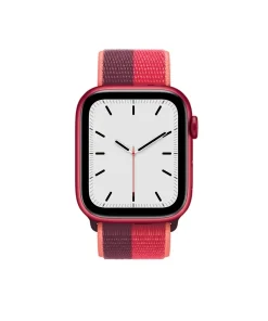 Red smartwatch with dark cherry sport loop band, minimalist dial