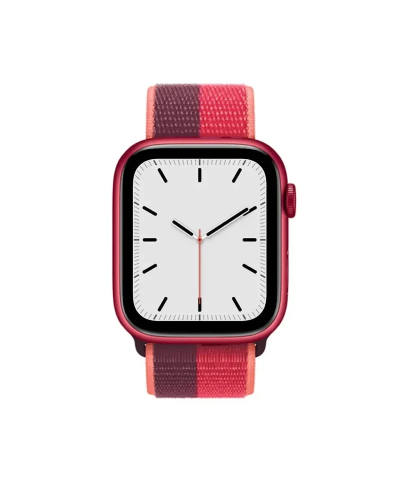 Red smartwatch with dark cherry sport loop band, minimalist dial