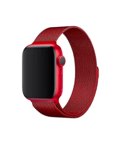 Red aluminum smartwatch with matching red Milanese loop mesh band