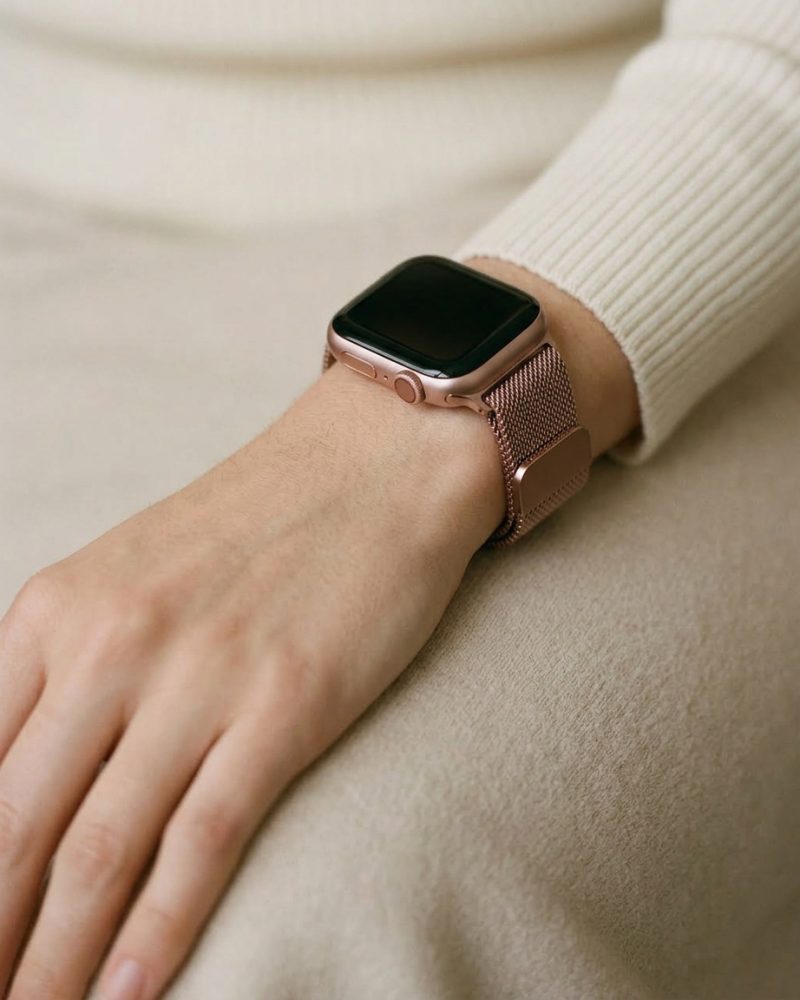 Rose gold smartwatch with rose pink Milanese loop mesh band on wrist