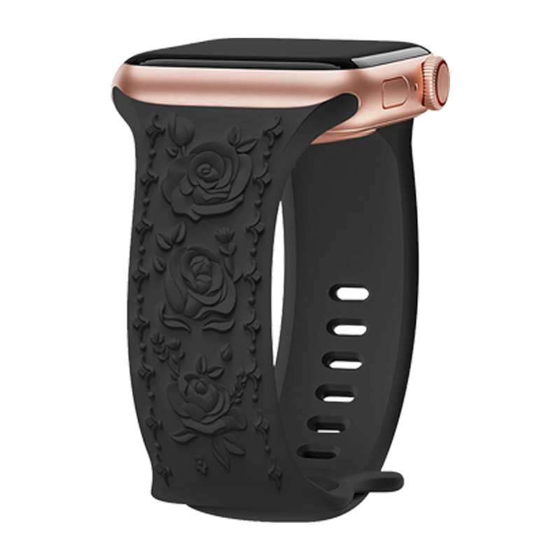 Black floral silicone sport band for Apple Watch with rose gold case