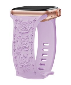 Lavender silicone smart watch band with rose floral embossed design and rose gold case