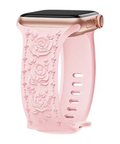 Pink silicone rose-embossed smartwatch band with floral design pattern