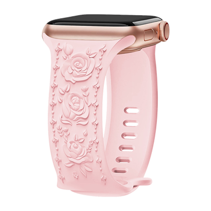 Pink silicone rose-embossed smartwatch band with floral design pattern