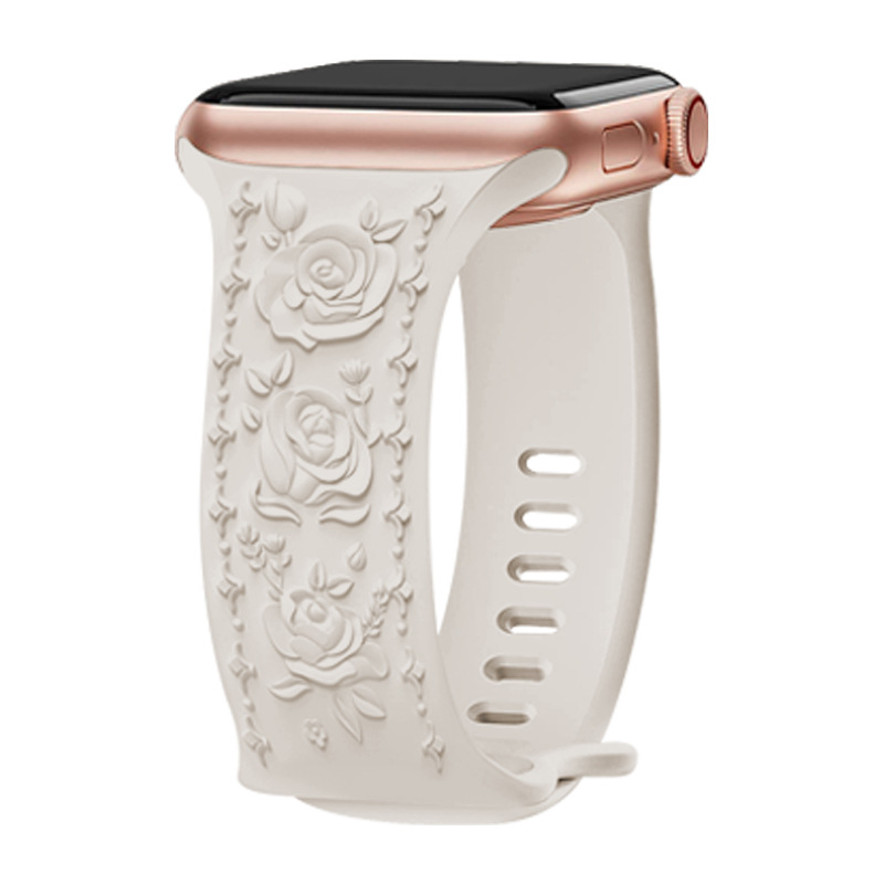 Rose gold and starlight silicone sport band with floral embossed design