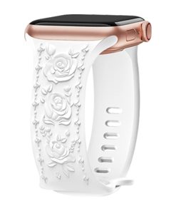 White silicone sport band with rose floral pattern for smartwatch