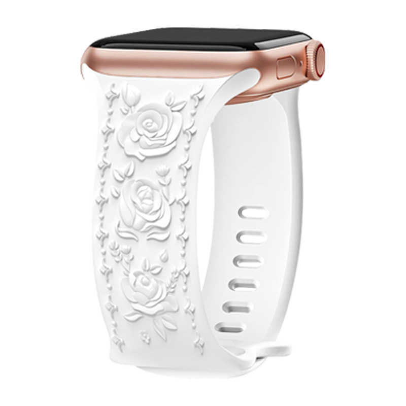 White silicone sport band with rose floral pattern for smartwatch