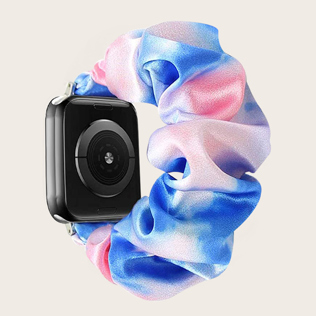 Smartwatch with pink blue gradient satin scrunchie fabric strap band