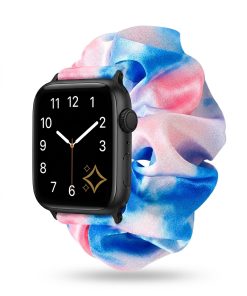 Black smartwatch with dreamy blue pink satin scrunchie strap band