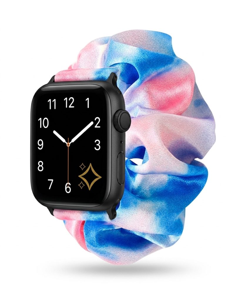 Black smartwatch with dreamy blue pink satin scrunchie strap band